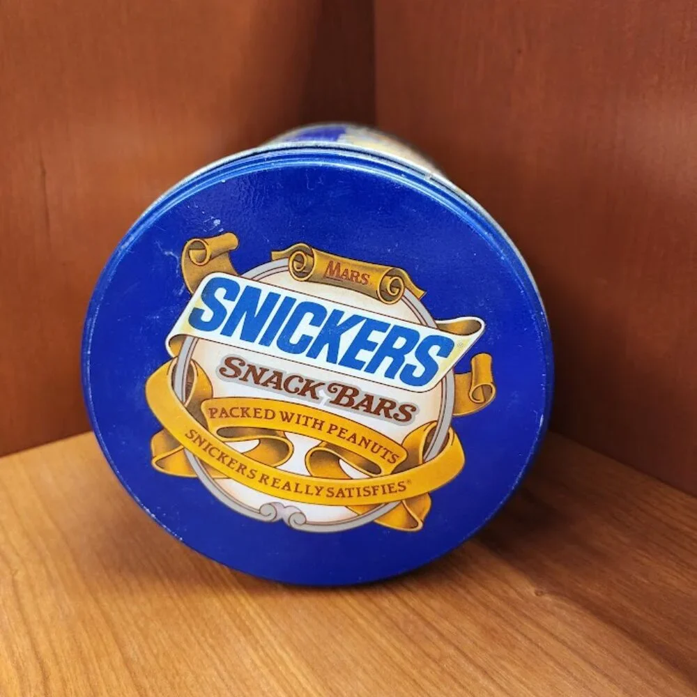 VINTAGE 1984 TIN CAN SNICKERS SNACK BARS MARS METAL